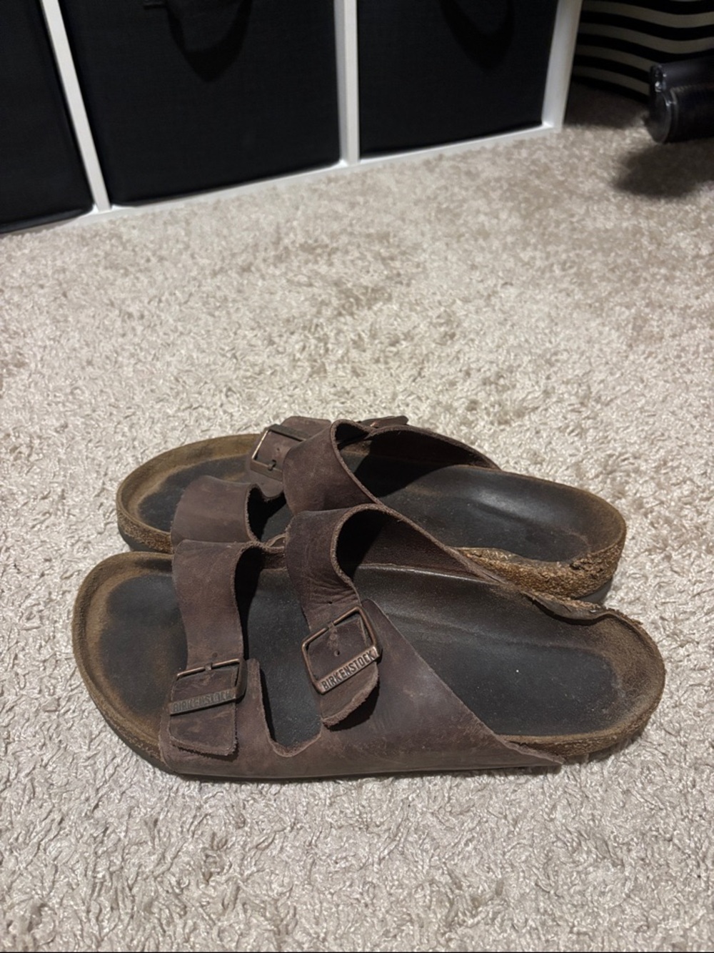 Birkenstock Brown Double Strap Suede Slide Sandals